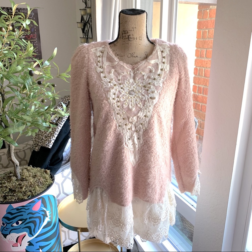 Korean made princess pearls lace pinky sweater